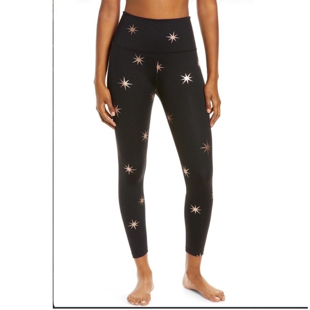 Beyond Yoga Black Rose Gold Foil Starburst High Waisted Leggings Size Small